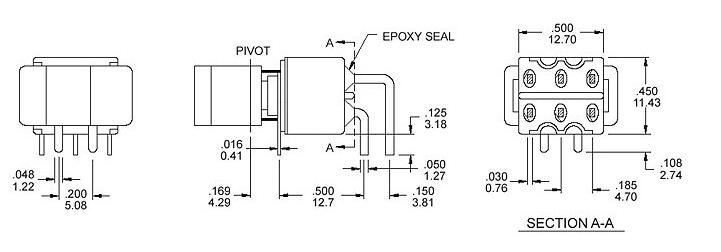 RS8-202R3 六腳兩檔 90度彎腳 臥式鈕子開關