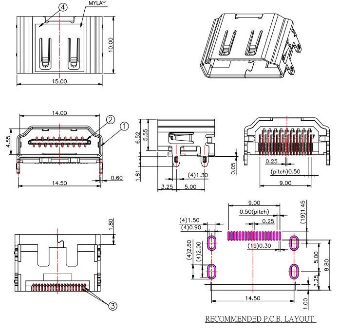 HDMI A TYPE SMT,HDMI插口19P 無耳無柱/19腳HDMI插孔 HDMI-A-5規(guī)格書