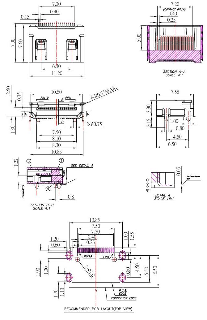 HDMI C TYPE ,HDMI接口外殼四腳插板,HDMI超清母座  HDMI-C-2規格書