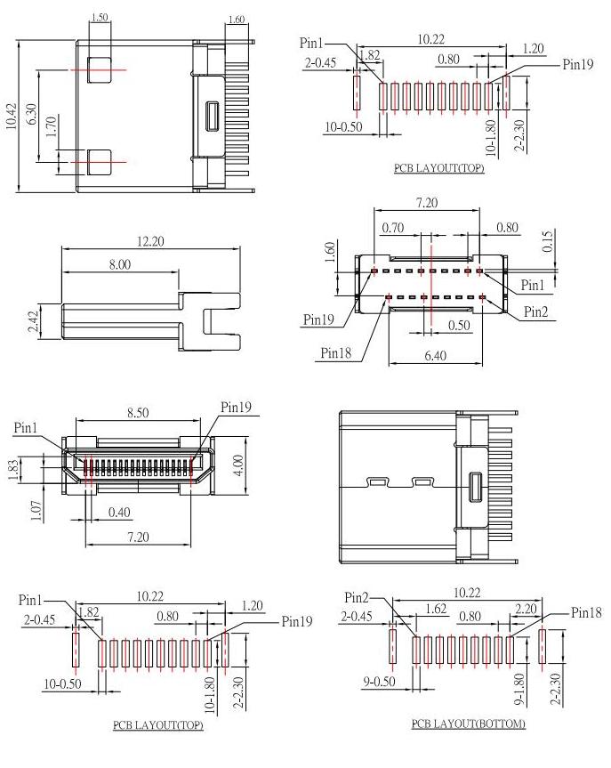 HDMI-C-3 ,HDMI JACK C TYPE ,公頭HDMI夾板式，HDMI plug規(guī)格圖