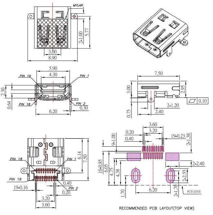 HDMI D TYPE,雙排貼片SMT,HDMI母座前插后貼,HDMI高清插座 HDMI-D-3規(guī)格圖