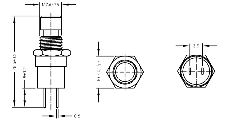 Φ7mm高平圓形金屬按鈕開(kāi)關(guān)尺寸圖 Φ7mm高平圓形金屬按鈕開(kāi)關(guān)尺寸圖